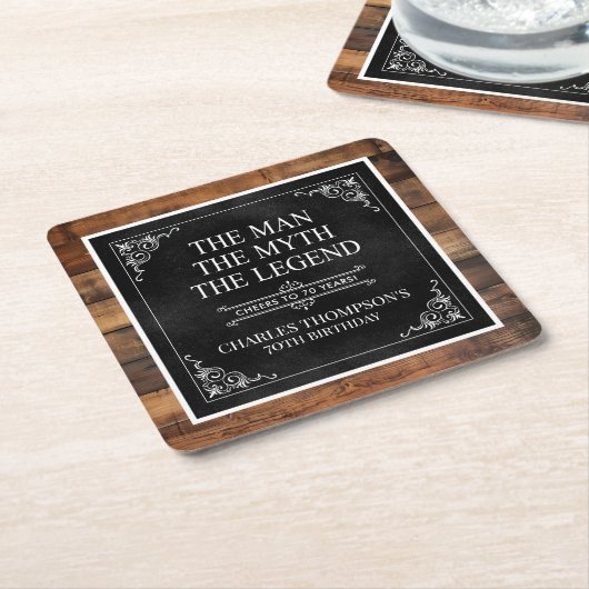 Rustiek Man Myth Legend 70th Birthday Black Vierkante Kartonnen Onderzetter (Schuin)