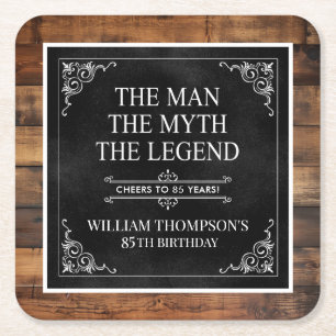 Rustiek Man Myth Legend 85th Birthday Black Vierkante Kartonnen Onderzetter