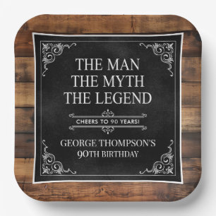 Rustiek Man Myth Legend 90th Birthday Black Papieren Bordje