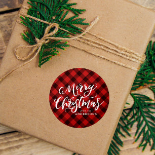 Rustiek Merry Christmas Script Red Plaid Ronde Sticker