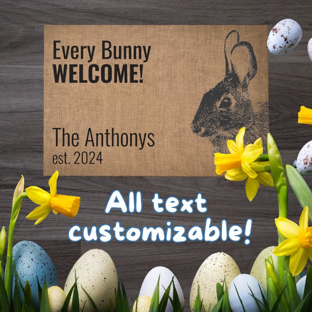 Rustiek Modern Black Bunny Konijn Welkom Mat (Bunny entryway mat greets guests with your custom text and name is perfect all year long!)