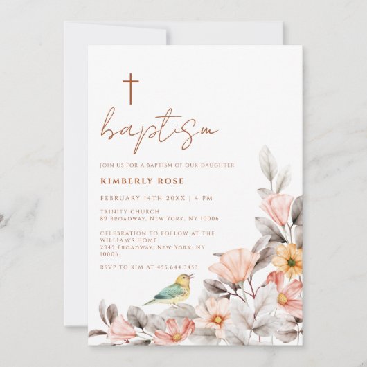 Rustiek Modern Boho Wildflower Cross Doop Kaart (Voorkant)