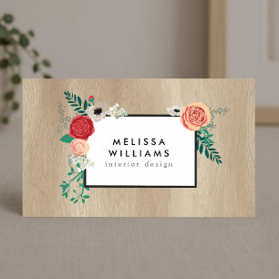 Rustiek Modern Floral Motief Tan Woodgrain Visitekaartje