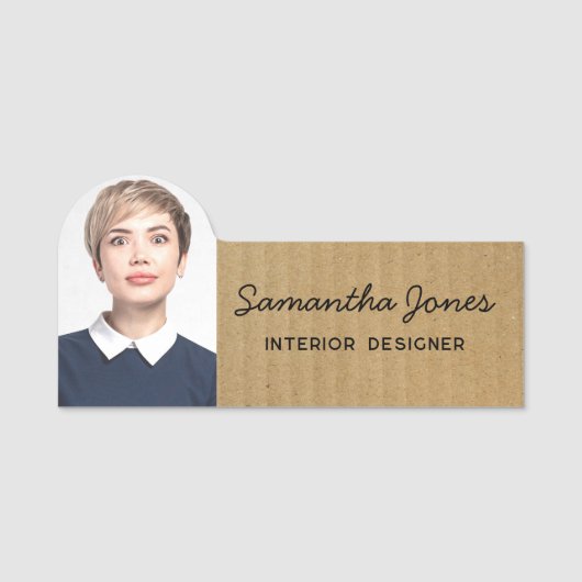 Rustiek Modern handgeschreven scriptfoto Kraft Kaa Naamplaatje (Voorkant)