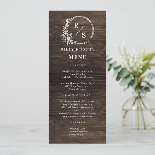 Rustiek Monogram Bruiloft Menu Kaart (Staand voorkant)