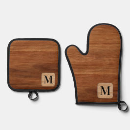 Rustiek Monogram Initiaal Bruin Houten Toon Ovenwant & Pannenlap Set