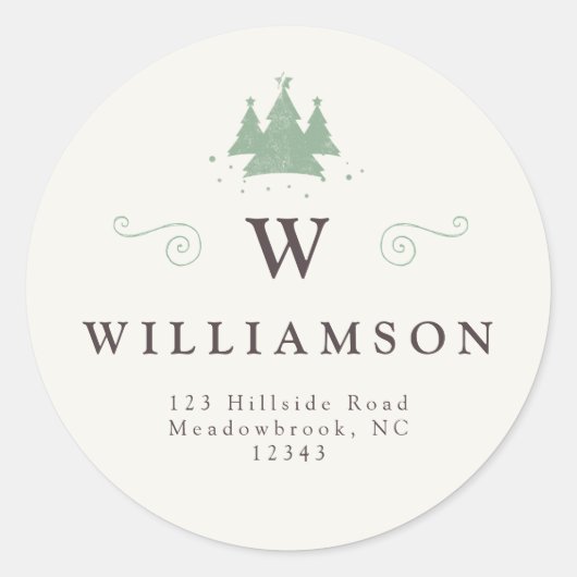 Rustiek Monogram Naam Kerstboom Retouradres Ronde Sticker (Voorkant)
