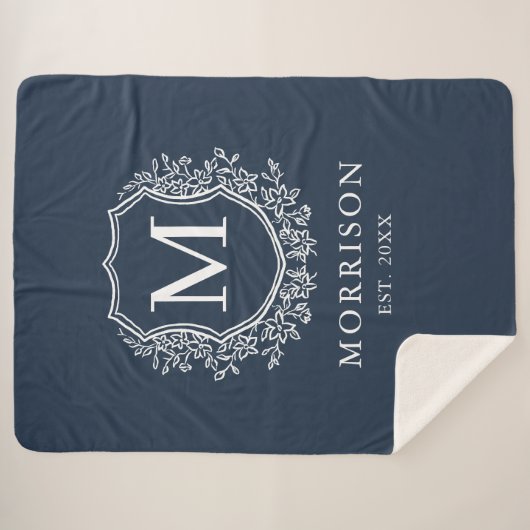 Rustiek Monogram Navy Blue Crest Pas getrouwd Wedd Sherpa Deken (Voorkant (horizontaal))