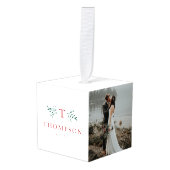 Rustiek monogram rood groen drie foto pasgetrouwd kubus ornament (Voorkant hoekig)