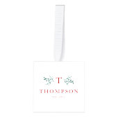 Rustiek monogram rood groen drie foto pasgetrouwd kubus ornament (Voorkant)