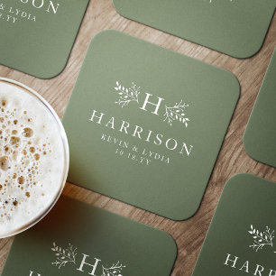 Rustiek monogram salie groen eenvoudige klassieke ronde kartonnen onderzetter