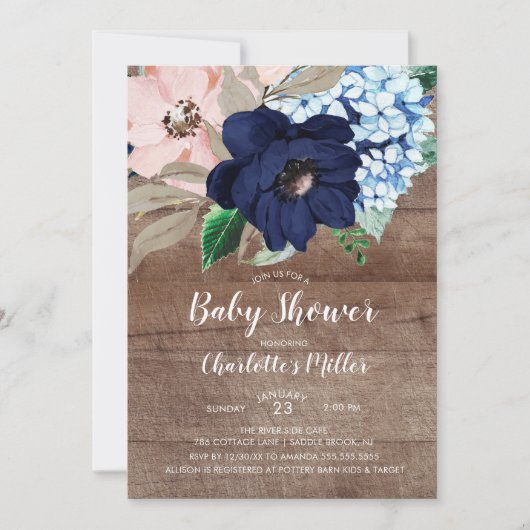 Rustiek Navy Blue & Blush Bloemen Baby shower Kaart (Voorkant)