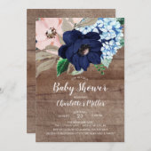Rustiek Navy Blue & Blush Bloemen Baby shower Kaart (Voorkant / Achterkant)