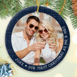 Rustiek Navy Blue Lijst Foto Mr. en Mrs. Christmas Keramisch Ornament