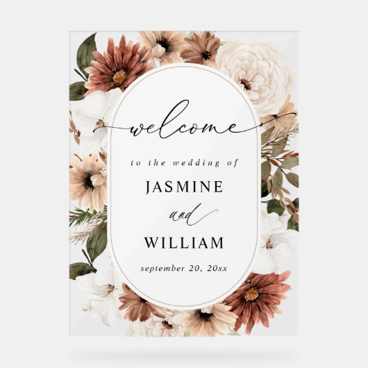 Rustiek Neutraal Boho Bloemen Bruiloft Welkom Acryl Bord (Voorkant)