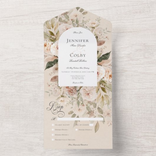 Rustiek Neutraal Tan & Cream Bloemenboog Diner All In One Uitnodiging (Binnen)