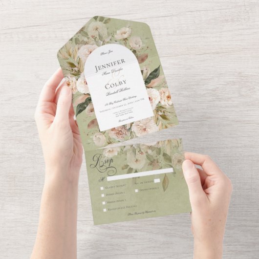 Rustiek Neutraal Tan & Groen Bloemenboog Diner All In One Uitnodiging (Afscheurbaar)