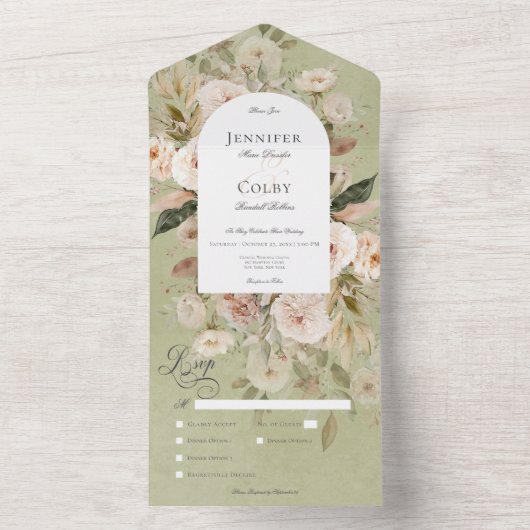 Rustiek Neutraal Tan & Groen Bloemenboog Diner All In One Uitnodiging (Binnen)