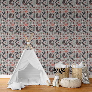 Rustiek Nordic Floral Bird en Fox Pattern Behang
