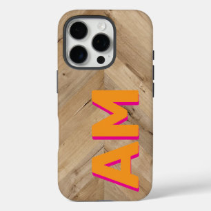 Rustiek Oranje Roze Schaduw Monogram Hout Textuur iPhone 16 Pro Hoesje