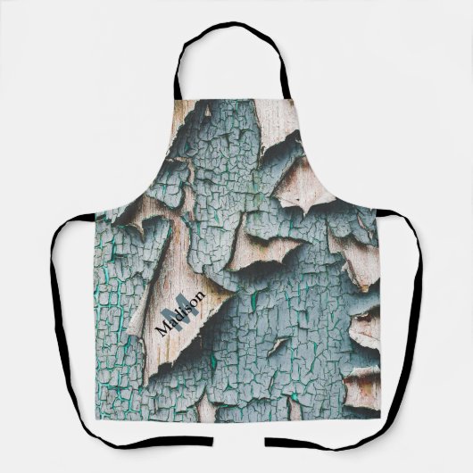 Rustiek oud blauw groen verf hout Custom Monogram Schort (Voorkant)