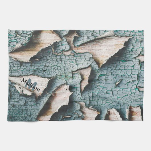 Rustiek oud blauw groen verf hout Custom Monogram Theedoek (Horizontaal)