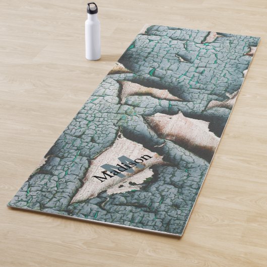 Rustiek oud blauw groen verf hout Custom Monogram Yogamat (In situ)