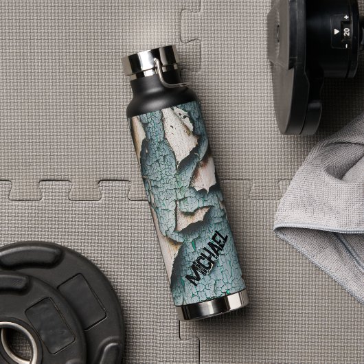 Rustiek oud blauw groen verf hout Custom name Waterfles (Gym)