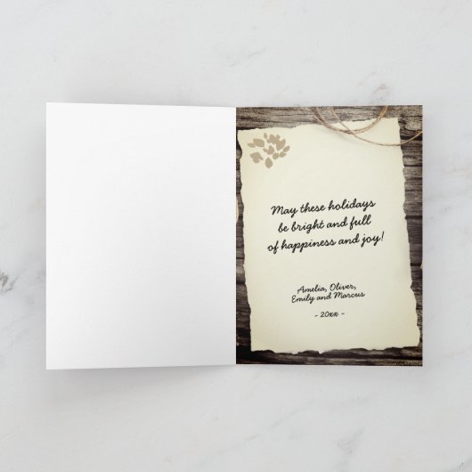 Rustiek oud papier hout vrolijk kerstscript feestdagen kaart (Binnen)
