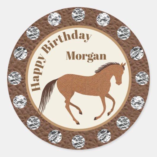 Rustiek Paard Faux leer Verjaardag en meer plezier Ronde Sticker (Voorkant)