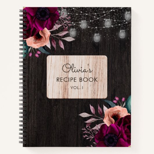 Rustiek Paarse Bloemen Hout Licht Recept Kookboek Notitieboek (Voorkant)