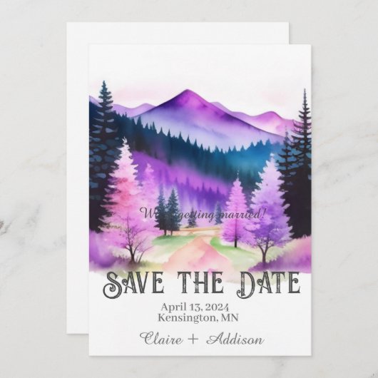 Rustiek Paarse en blauwe Waterverf bos Save The Date (Voorkant / Achterkant)