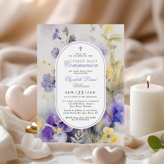 Rustiek Paarse en gele eerste communie Kaart