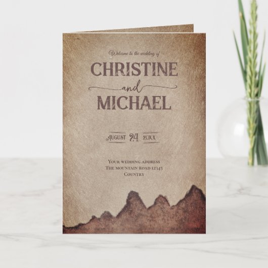 rustiek papier bruin bergen bruiloft programma (Voorkant)