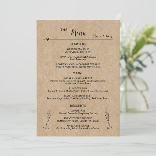 Rustiek Papier Trouwtafel Flat Menu Kaart (Staand voorkant)