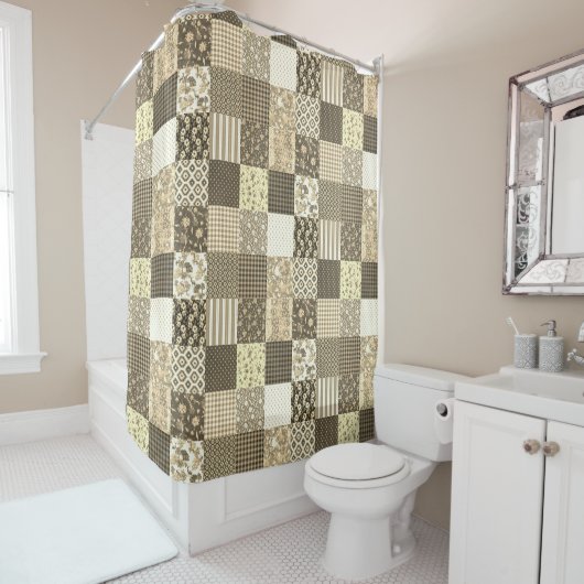 Rustiek Patchwork Beige Quiltpatroon Douchegordijn (In situ)