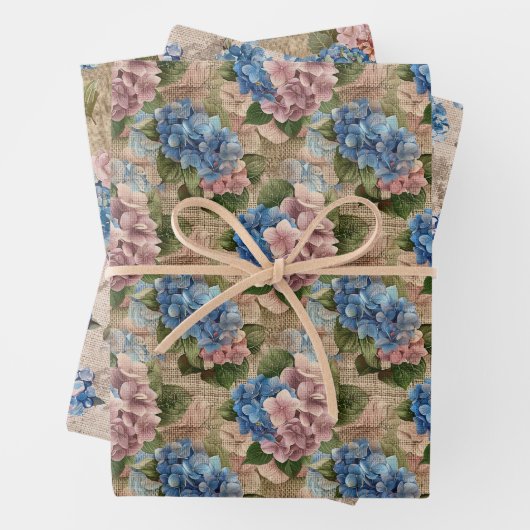 Rustiek Patroon Blauwe Hortensia's en Roze Bloemen Inpakpapier Vel (In situ)