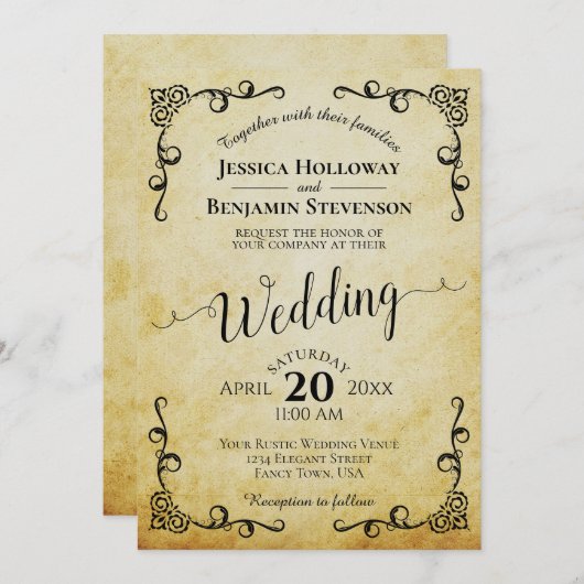 Rustiek perkament  kalligrafie bruiloft kaart (Voorkant / Achterkant)