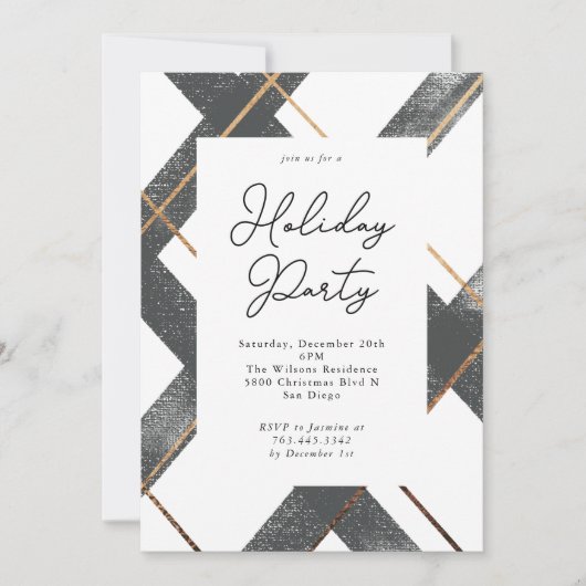 Rustiek Plaid Grijs en Goud Vakantie Party Kaart (Voorkant)