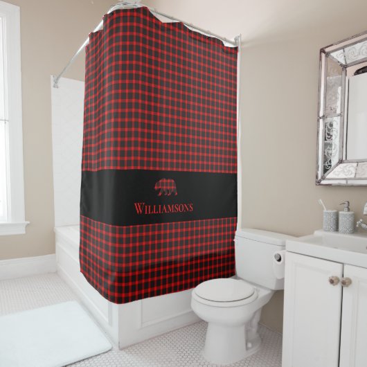 Rustiek Plaid Monogram Beer | Lumberjack Rood Zwar Douchegordijn (In situ)