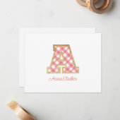 Rustiek & Preppy "A" Pink Gingham op Wood Girly Notitiekaartje (Voorkant / Achterkant in situ)