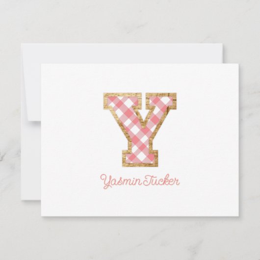 Rustiek & Preppy "Y" Roze Gingham op Hout Girly Notitiekaartje (Voorkant)