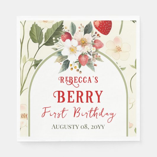 Rustiek Red Strawberry Theme Berry Eerste Verjaard Servet (Voorkant)