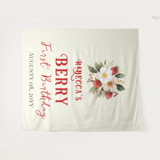Rustiek Red Strawberry Theme Berry Eerste Verjaard Wandkleed (Voorkant (horizontaal))