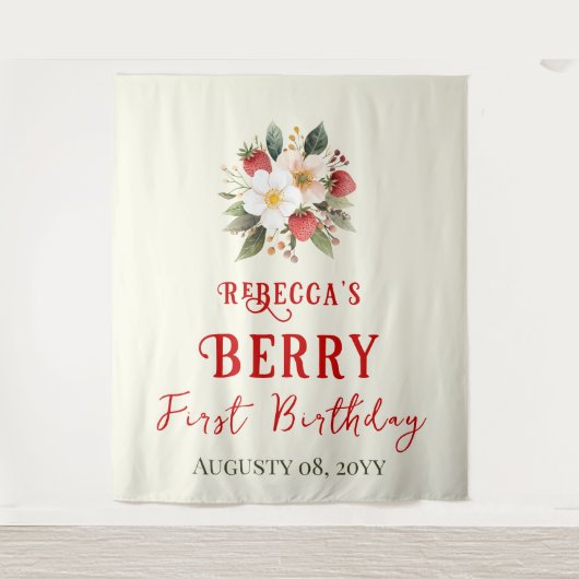 Rustiek Red Strawberry Theme Berry Eerste Verjaard Wandkleed (Voorkant)