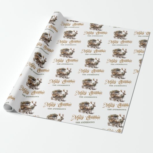 Rustiek rendier en slee groen en goud chic cadeaupapier (Uitgerold)