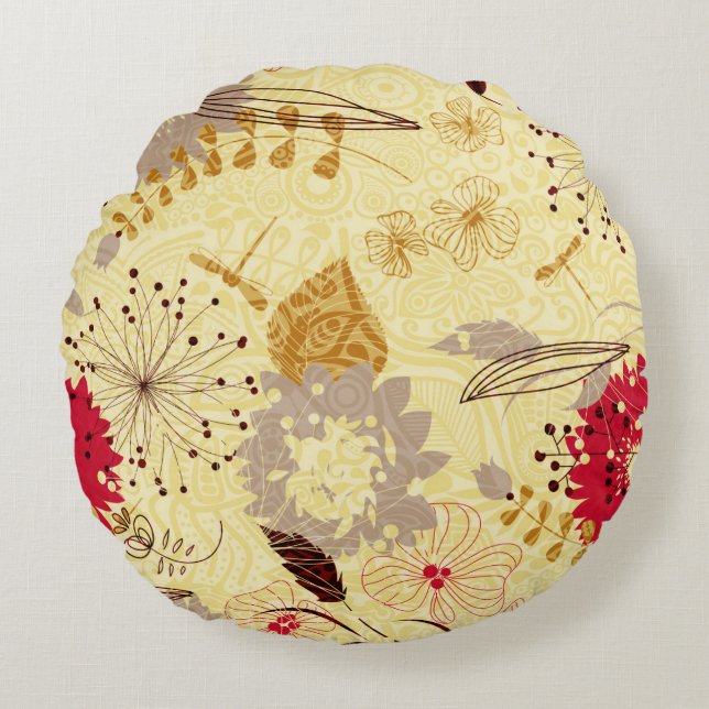 Rustiek retro bloemenpatroon beige en rood rond kussen (Voorkant)