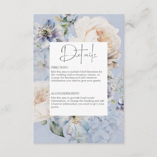 Rustiek Romantisch Dusty Blauw Wit Bloemen Details Informatiekaartje (Voorkant)