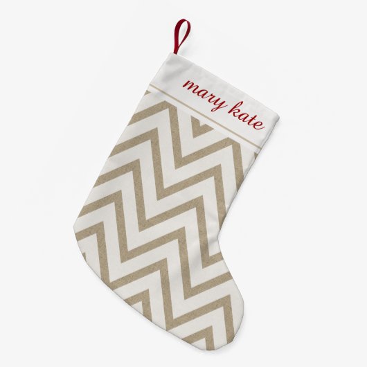 Rustiek Rood en Wit Faux Burlap Chevron Patroon Kleine Kerstsok (Voorkant (Hangend))