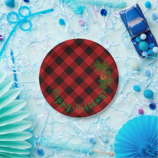 Rustiek Rood en Zwart plaid - dennenappels Papieren Bordje (Feest)